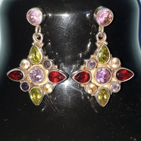 ✨ Gorgeous Vintage Multi-Gemstone Dangle Earrings – 925 Sterling Silver ✨ - Picture 3 of 10